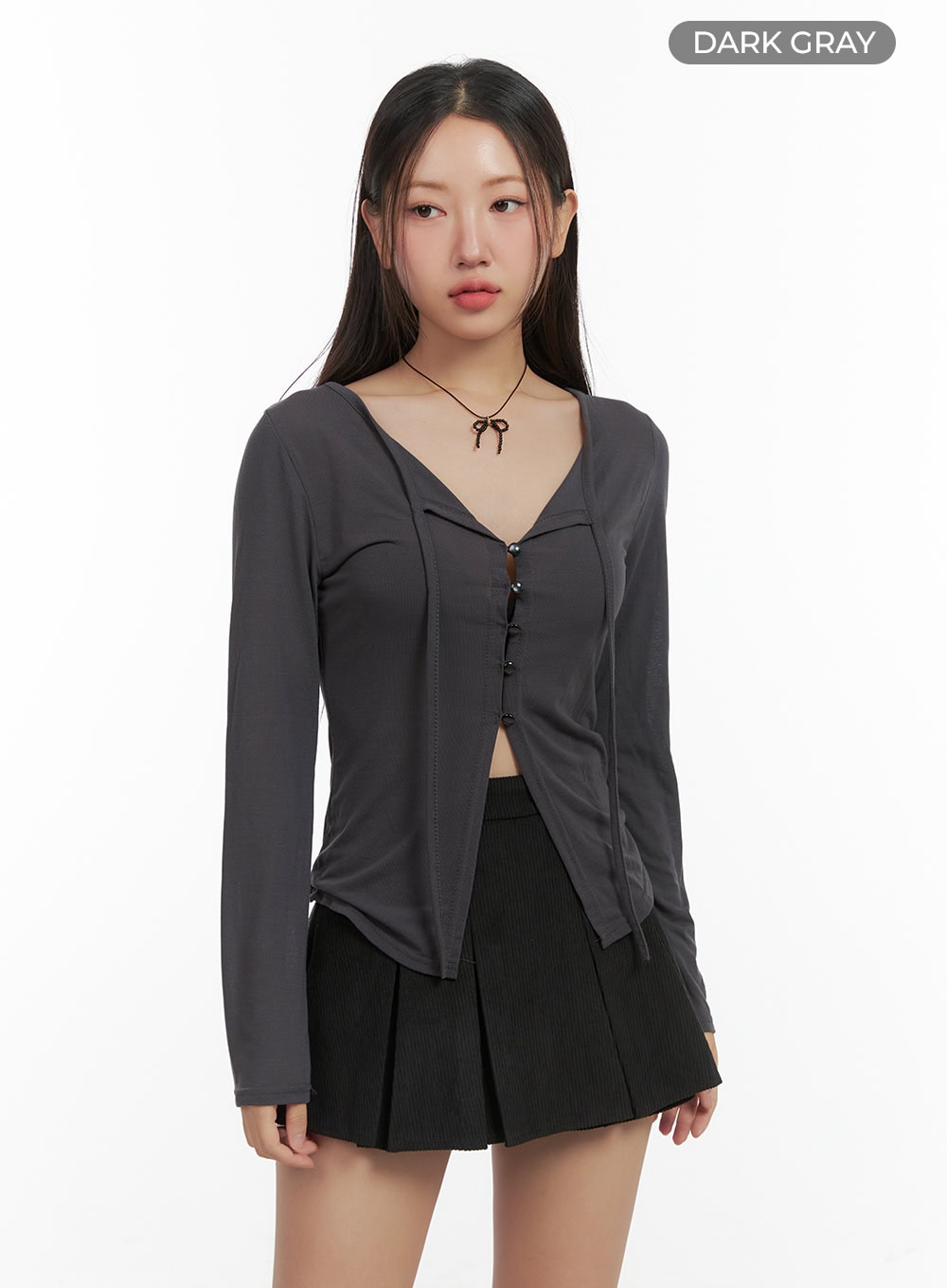 string-detail-long-sleeve-button-top-co417 / Dark gray