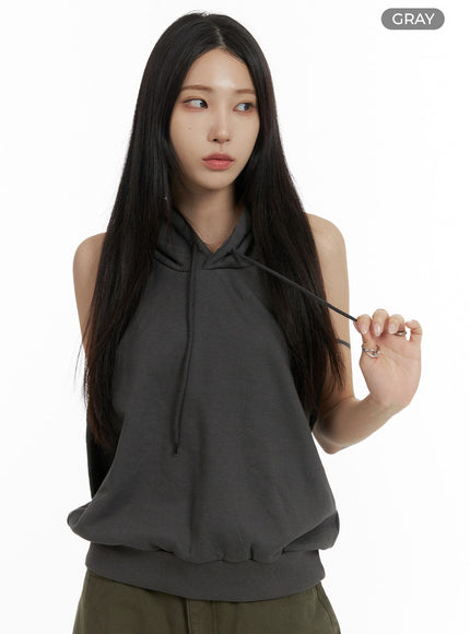 dark-grunge-back-tie-hooded-sleeveless-top-cf428 / Gray