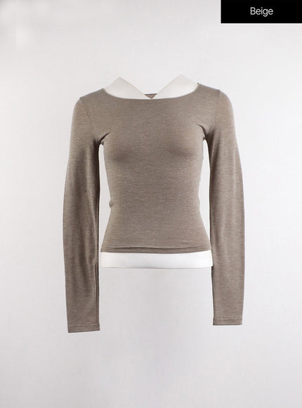 casual-u-neck-long-sleeve-top-cj417 / Beige