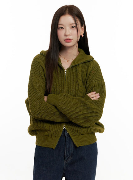 cable-knit-double-zip-cardigan-on422 / Green