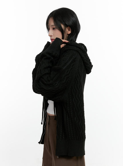 cable-knit-zip-up-hooded-sweater-cardigan-cn411 / Black