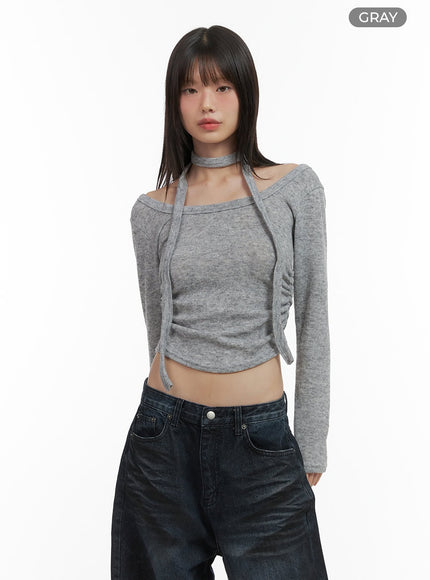 shirred-cropped-long-sleeve-top-with-choker-set-co410 / Gray