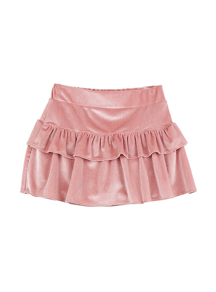 ruffled-velvet-mini-skirt-cn407 / Pink