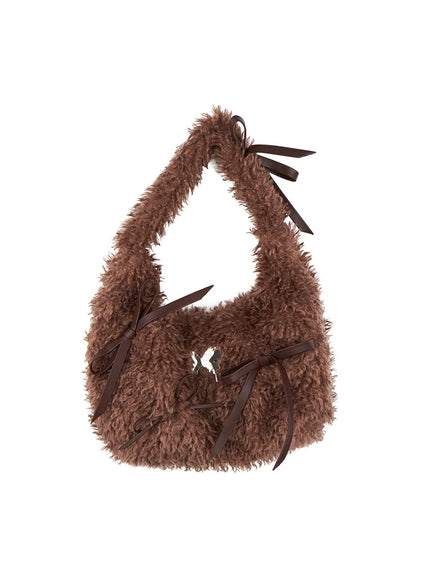 ribbon-detail-fuzzy-shoulder-bag-on422 / Brown