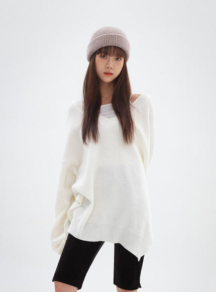 Split V-Neck Long Knit