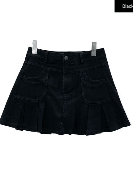 Denim Hem Pleated Mini Skirt