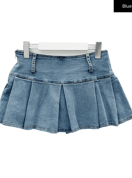 Low Rise Pleated Denim Mini Skirt C0302