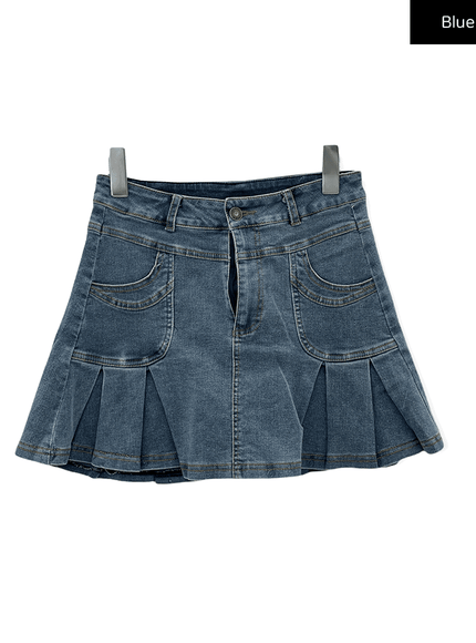 Denim Hem Pleated Mini Skirt