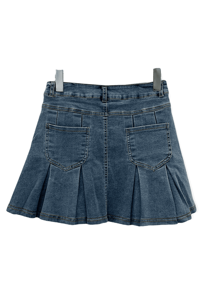 Denim Hem Pleated Mini Skirt